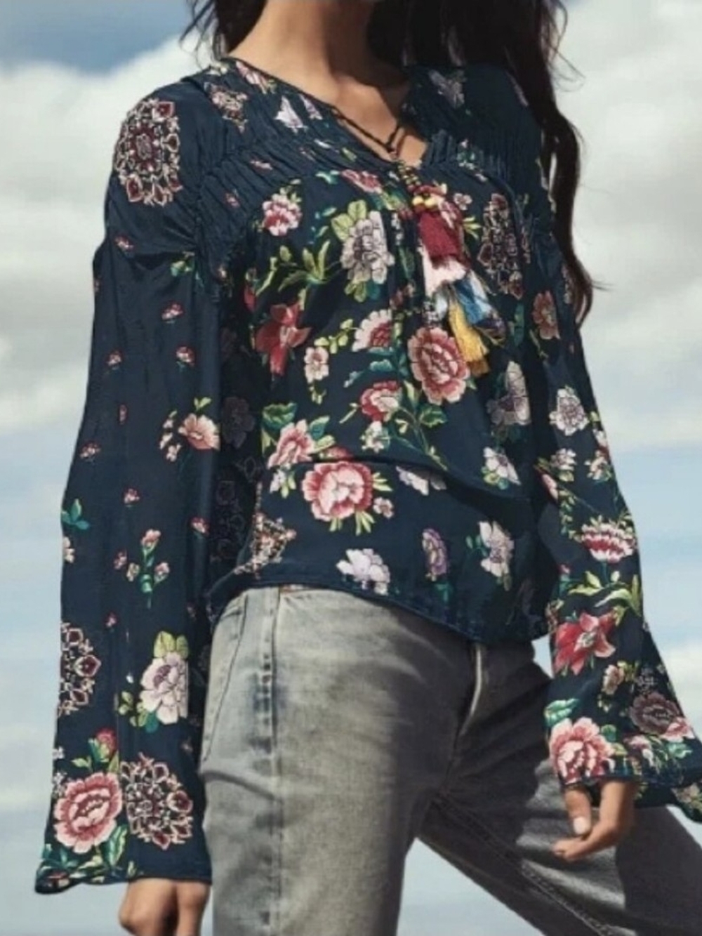 Johnny Was Harley Boho Festival Floral Blouse Colorful Tassels L